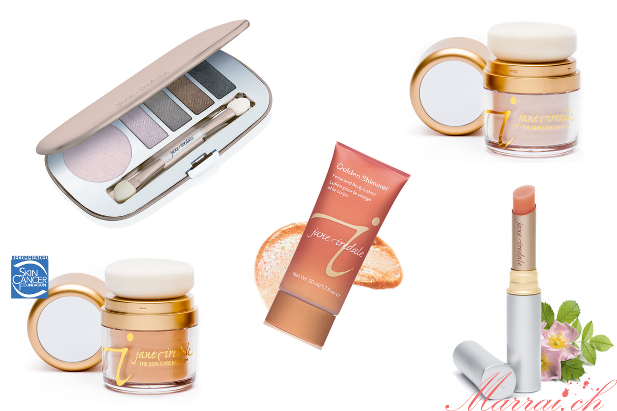 Jane Iredale: Forever Peach Just Kissed Lip & Cheek Stain, Powder-Me SPF30 tanned & translucent, Golden Shimmer Gesichts- & Körperlotion, Getaway Eyeshadow Kit Country Weekend Lidschatten - Bilder gehören Jane Iredale